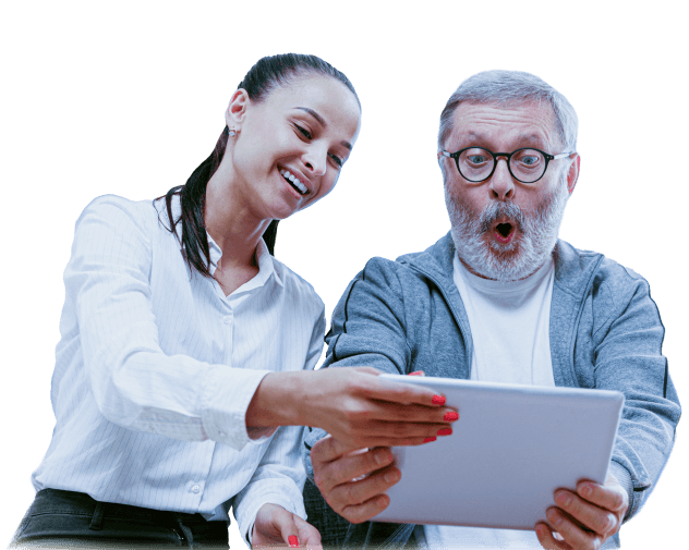 A photo of a woman and an elderly that is holding an tablet